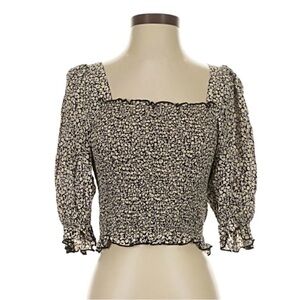 H&M Black Floral Smocked Square-Neck Crop Top, Large